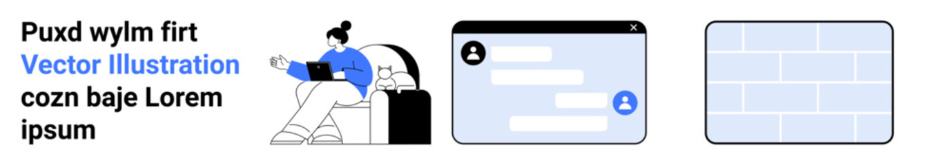 Fototapeta premium Digital communication, virtual workspace, messaging systems, productivity tools, modern technology, remote collaboration. Woman on laptop, chat interface and abstract blocks. Digital communication