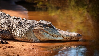 Fototapeta premium Australian Freshwater Crocodile Resting On A Riverbank In The Outback