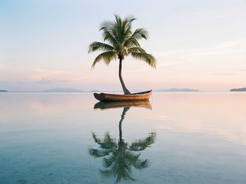 Palm Tree Boat Minimal Seascape