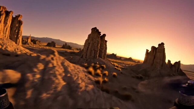 Drone view flying through the desert landscape with unique rock formations at sunrise