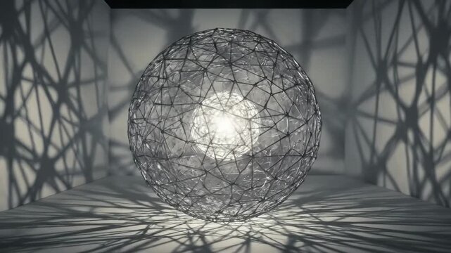 Abstract wire sphere with internal light source casting shadows in a box.