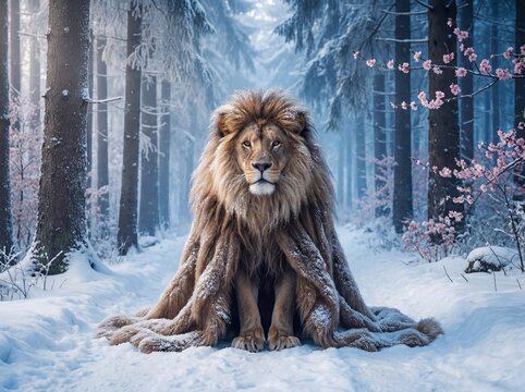 Lion In Snowy Forest