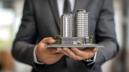 Businessman holding the condo model for advertisementBusinessman holding the condo model for advertisement