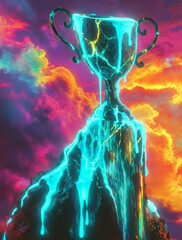 Melting Gold and Teal Trophy on Rock Peak, Surreal Failure and Success Concept, Psychedelic 3D Art