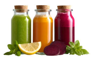 Freshly made juices in glass bottles isolated on white background