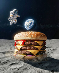 Giant Cheeseburger on Moon Surface with Astronaut and Earth, Space Food Concept, Surreal 3D Render