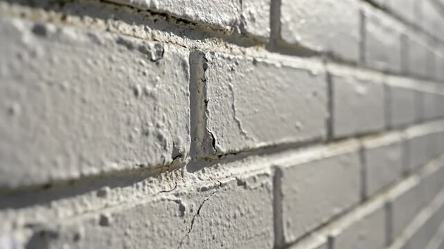 Close-up view of a painted white brick wall texture, sunlight reflecting outdoors, with a bird chirping