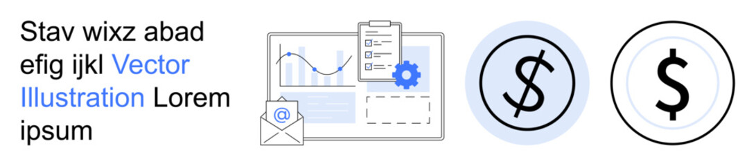 Obraz premium Finance management, business analytics, communication, currency exchange, digital tools, economic strategy. Analytics chart, gear icon dollar symbols and email graphic. Finance and business