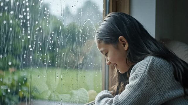 Young girl looking out a window at raindrops and finding joy in the peacefulness of a rainy day