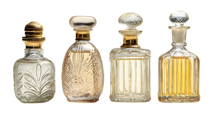 Collection of decorative glass bottles isolated on white background