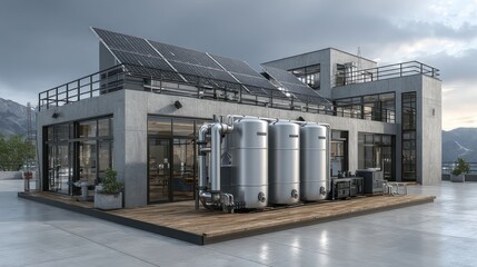 Modern industrial building with solar panels and storage tanks on the rooftop