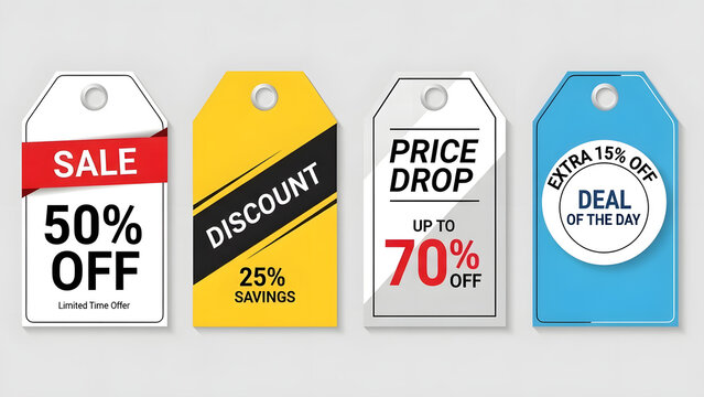 Colorful Sale Price Tags Set with 50% 25% 70% Off Discount Deal of Day Promotional Labels