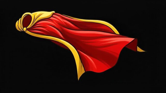 Elegant red and gold cape flowing dramatically against a stark black background.