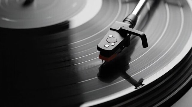 Close-up of a vinyl record player with a needle on the record.