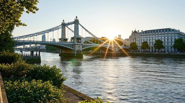 Scenic view of Hammersmith Bridge in London at sunrise with sunburst over water and city backdrop
