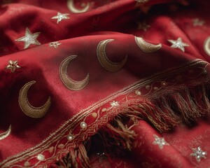 Celebratory Eid festive tablecloth texture with golden thread patterns, sequins, and a rich crimson red fabric for a joyful dining setting
