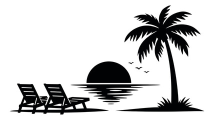 Silhouette illustration of a beach sunset with palm tree and chairs depicting a peaceful evening for travel © labirint