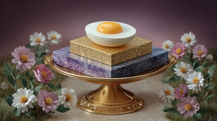 Artistic soft boiled egg displayed on layered stone blocks atop a golden stand, framed by blooming flowers and soft light, ideal for gourmet, luxury, or conceptual design projects.