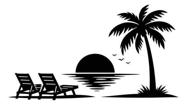 Silhouette illustration of a beach sunset with palm tree and chairs depicting a peaceful evening for travel
