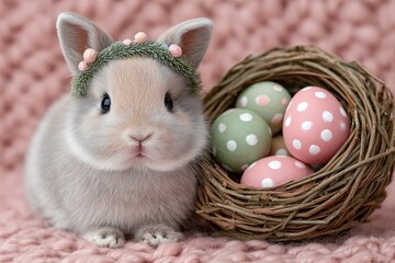 Charming bunny wearing a tiny greenery crown sits next to a nest of pastel spotted eggs on a pink knit backdrop, perfect for cheerful spring promotions or children?s content.