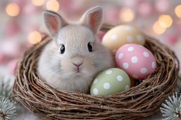 Adorable cream bunny sitting in a woven nest surrounded by pastel dotted eggs and soft lights, creating a warm festive feel ideal for spring, greeting cards, or holiday ads.