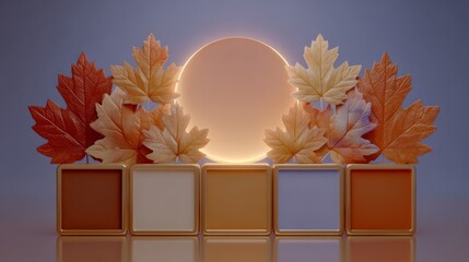 Stylized maple leaves and glowing sun rise above a row of warm-toned color cubes, creating a modern autumn scene ideal for seasonal campaigns, branding, or design backdrops.