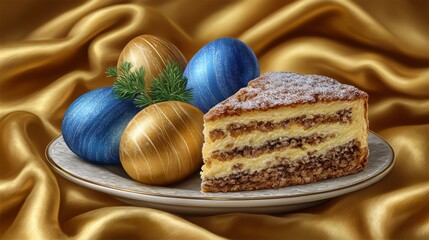 Rich layered cake and glossy decorated eggs sit on a delicate plate atop luxurious golden drapery, creating a celebratory Easter still life perfect for seasonal promotions.