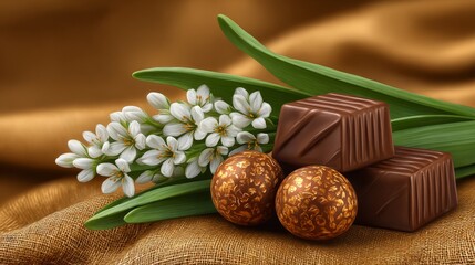 Artfully placed truffles, dark chocolate squares, and delicate white flowers rest on flowing golden fabric, forming a luxurious composition ideal for confectionery branding.