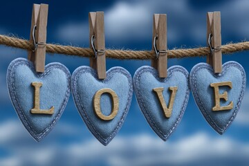 Textured denim hearts with stitched letters dangle from a rope against a bright cloudy sky, creating a charming romantic scene perfect for invitations, posters, or social posts.
