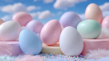 Soft pastel Easter eggs rest among feathers and candy beads under a dreamy sky backdrop, creating a playful seasonal scene perfect for holiday ads and greeting designs.