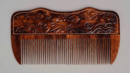 Close-up of an ornate wooden comb showcasing rich grain and intricate carved patterns, ideal for illustrating natural beauty products, craftsmanship, or vintage grooming concepts.