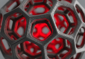 Abstract close-up of a perforated metal sphere with a vivid red glow at its core, creating a futuristic high-tech aesthetic perfect for innovation, data, or digital concepts.