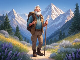 An adventurous older man with a backpack and walking stick strides confidently along a sunny alpine trail, evoking freedom, vitality, and active retirement in a scenic landscape.
