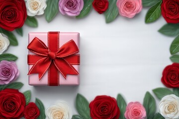 A pink present wrapped with a bold red ribbon sits centered on a white surface, encircled by vibrant roses and leaves, creating a romantic flat lay ideal for celebrations and sales.