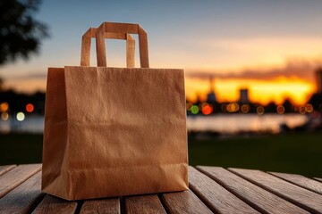 A simple kraft paper shopping bag stands on a wooden table with a glowing city sunset and bokeh lights in the background, perfect for eco retail, takeaway, or branding concepts.