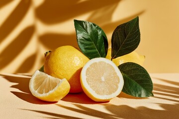 Whole and sliced lemons with glossy green leaves rest on a warm yellow surface, their texture highlighted by bold shadows, ideal for branding fresh food, summer, or wellness themes.