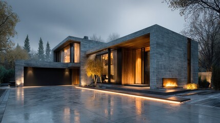 Modern concrete mansion with outdoor fireplace and glowing lights on a gloomy evening
