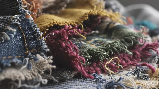 Close-up of shredded and frayed fabric patchwork with varied textures and colors showing abstract art