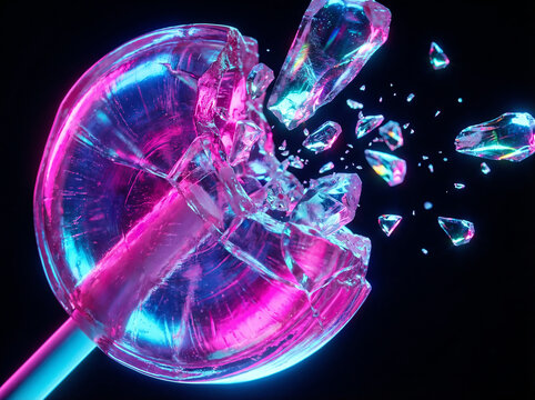 Extreme close-up of translucent hard candy fracturing with neon pink and blue glow on black background