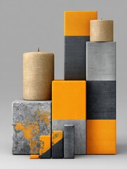 Stylish pillar candles and textured rectangular blocks in grey and vivid orange create a bold geometric display, ideal for branding, product design, or contemporary decor concepts.
