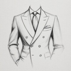 Elegant pencil sketch of a tailored double breasted suit with tie and pocket square, ideal for illustrating menswear design, bespoke tailoring, or luxury fashion branding.