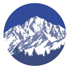 Stylized blue and white illustration of a snow covered mountain range framed in a circle, ideal as a logo or icon for outdoor brands, adventure travel, or winter sports.
