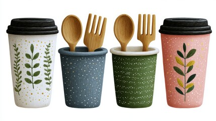 Set of eco-friendly reusable cups and bamboo utensils decorated with playful leaf illustrations, conveying modern sustainable lifestyle branding for zero-waste, coffee, or takeaway concepts.