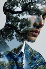 Creative double exposure portrait blending a suited professional with lush tree branches, conveying eco leadership, sustainable business values, and harmony between nature and corporate life.