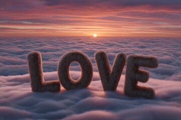 Soft fur-covered letters spelling love rest on a sea of clouds under a glowing sunrise, creating a whimsical, romantic scene ideal for Valentine campaigns or inspirational designs.