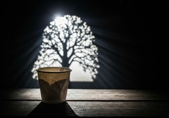 Single paper cup sits on a rustic table as bright backlighting casts a striking tree silhouette, symbolizing waste, environmental impact, and reflection, ideal for sustainability campaigns.