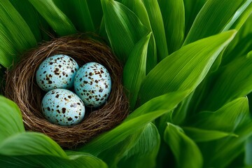 Close-up of three turquoise speckled eggs nestled in a woven nest surrounded by lush green foliage, evoking themes of new life, springtime, and delicate protection for nature projects.