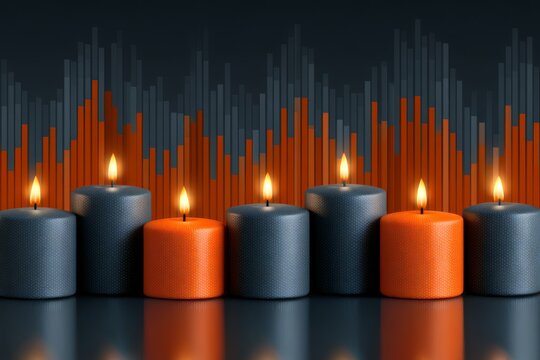 Row of blue and orange candles burns calmly in front of a stylized bar chart, blending finance and symbolism for concepts of market risk, volatility, and investment.