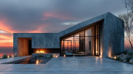 Modern concrete house with ocean view and sunset during twilight hour featuring an outdoor fireplace