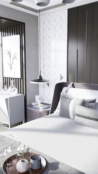 3D render vertical animation of a minimalist bedroom